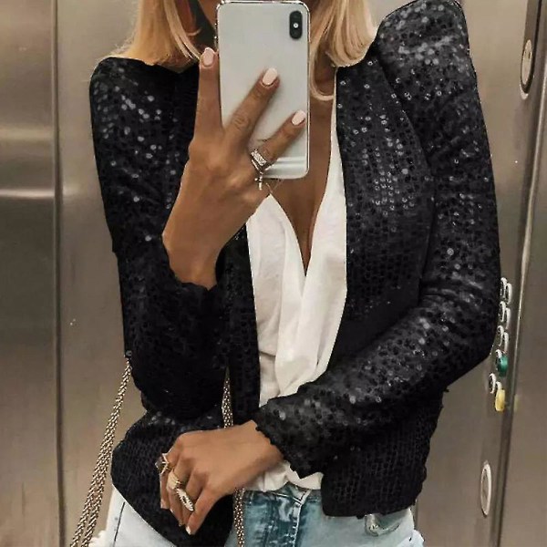 Kvinnors cardigan långärmad glänsande paljettkappa öppen front Casual kvinnlig jacka Silver 3XL
