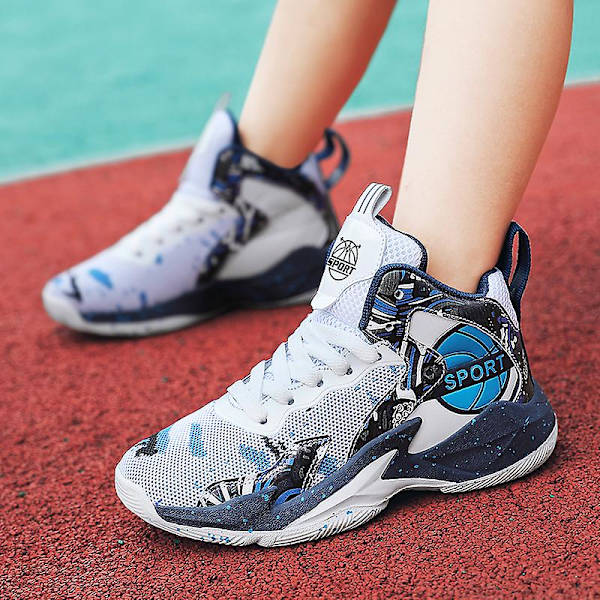 Barn Basketskor Andas Sneakers Pojkar Flickor Sportskor Yj8768 WhiteBlue 34