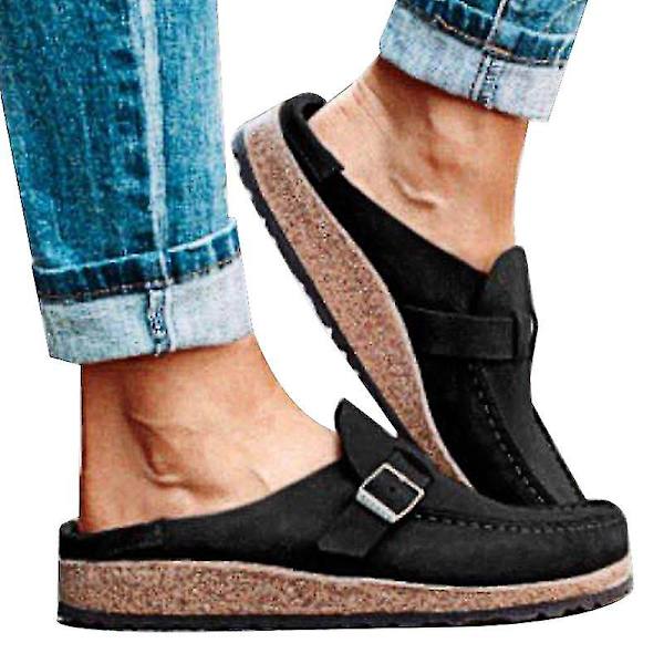Kvinnor Slip On Buckle Loafers Tofflor Mocka Flat Pumps Sliders Skor Black 41