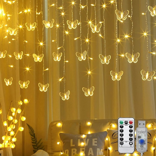 Fjärilsgardinljus, 40 led fönsterlampor för älva, USB drivna blinkljus