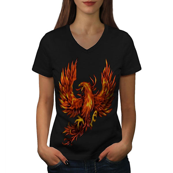 Pheonix Fire Bird Dam T-shirt med svart v-ringad hals M