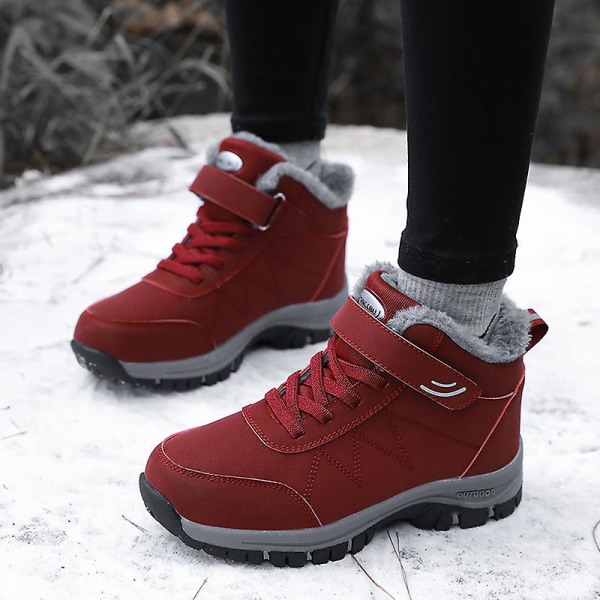 Vinter Kvinnor Män Stövlar Plysch Läder Vattentäta Sneakers Klättring Jaktskor Unisex snörning utomhus Varm vandringskänga Man Red 36