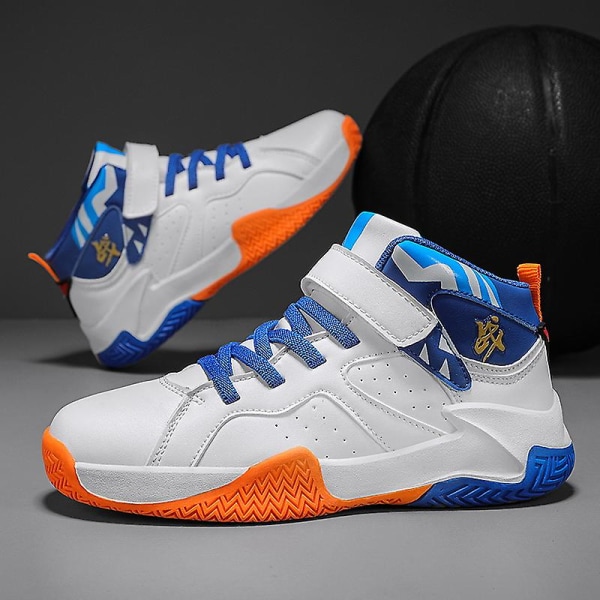 Basketskor för barn Mode Pojkar Flickor Sneakers Andas Sportskor 391 WhiteBlue 32