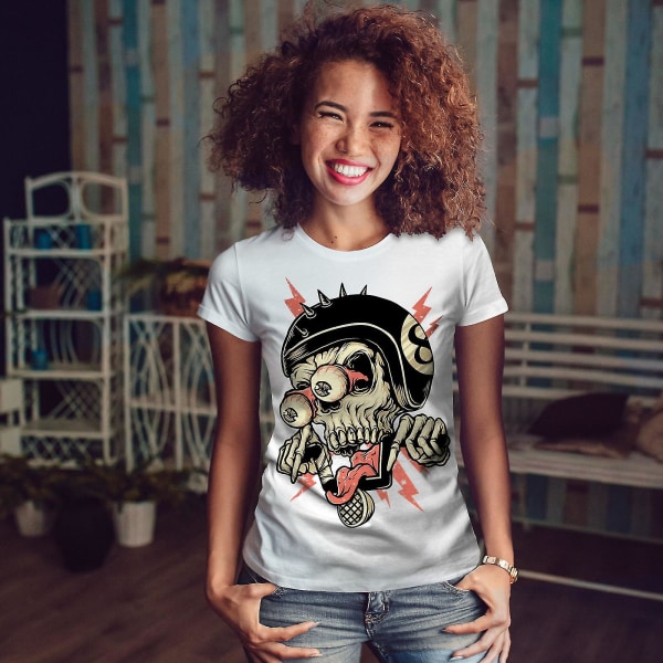 Biker Head Face Skull Women Whitet-shirt L