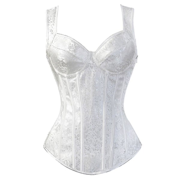 Damer Gothic Jacquard Axelremmar Overbust Korsett Bustier Viktminskning Steampunk Korsetter Med Kopp Dragkedja Sida Sexig Korselett white 5XL