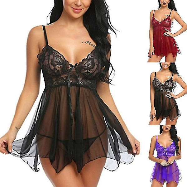 Sexig Spets Split Backless Underkläder Nattlinne Dam Spets Erotisk Se Through Nattlinne + String pyjamas Sex Nattlinne Underkläder,röd Asian size M