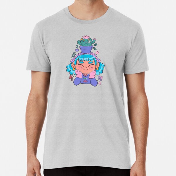 Söt och leende trädgårdsmästarflicka med kaktus och små växter kawaii Premium T-shirt Heather Grey S_Front