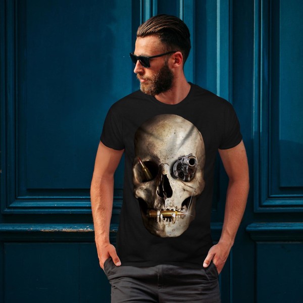 Gun Metal Death Skull Men Blackt-shirt XL