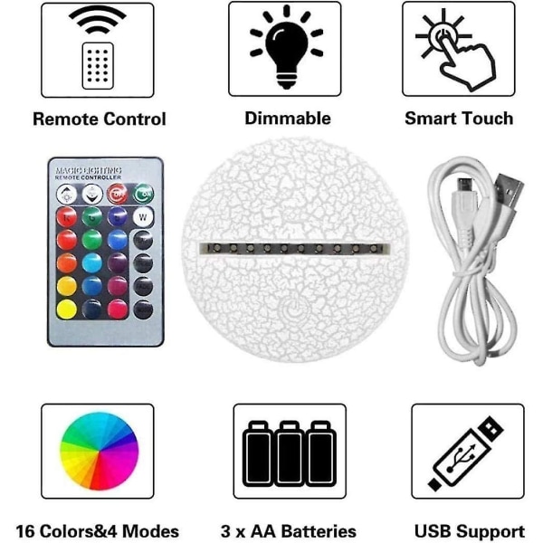 3D-lampor med fjärrkontroll, LED-lampa 16 färger Ljus Dimbar Touch Switch USB / batteriinsats, Bi