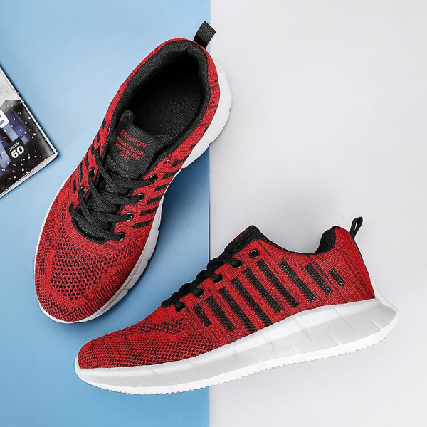 Sneakers för flugvävning för män Andas löparskor Mode sportskor 3A707 Red 40