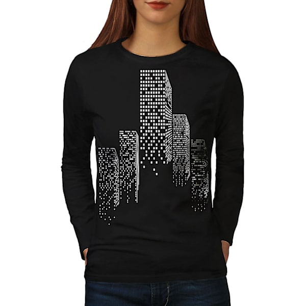 Mörk stadslandskap svart långärmad t-shirt för kvinnor M