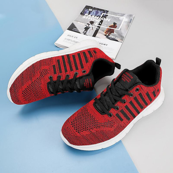 Sneakers för flugvävning för män Andas löparskor Mode sportskor 3A707 Red 44