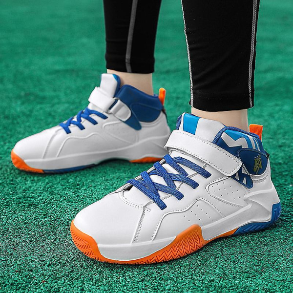 Basketskor för barn Mode Pojkar Flickor Sneakers Andas Sportskor 391 WhiteBlue 37