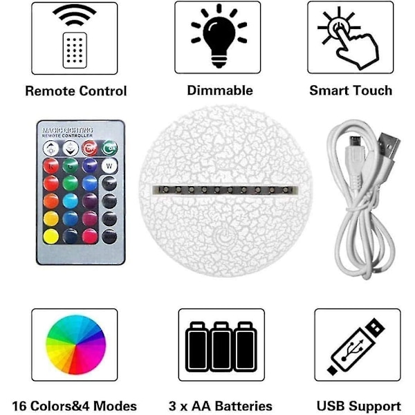 3D LED nattljus, 16 färger skrivbordsdekoration, USB Touch &amp; Fjärrkontroll nattlampa, bästa födelsedag C