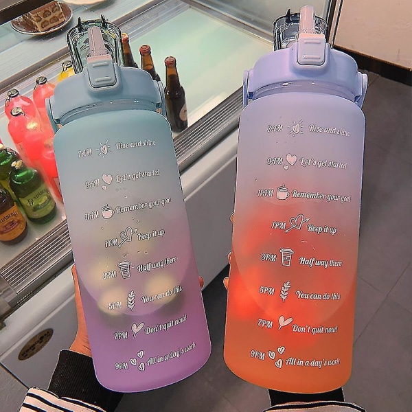 2l Bärbar vattenflaska med stor kapacitet Tidsmarkör Läcksäker Bpa frostad kopp för utomhussport dricksflaska med sugrör Transparent blue