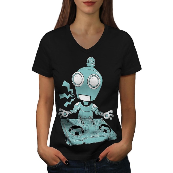 Dj Robot Turntable Cd Dam T-shirt med svart v-ringad hals XXL