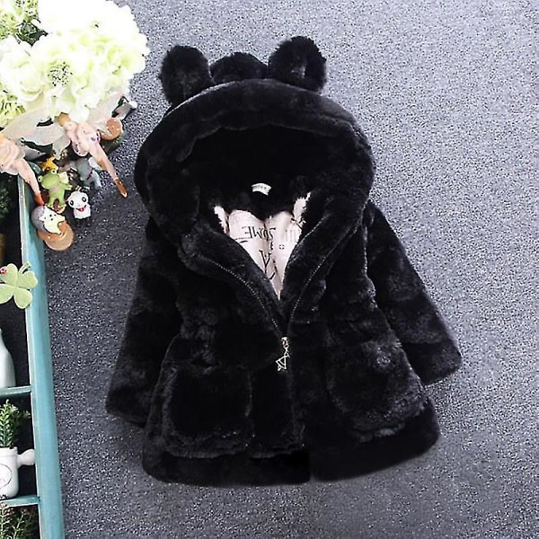 Barn Flickor Fluffig fuskpäls Hooded Parka Coat Fleece Tjock Jacka Vinter Ytterkläder Black 5-6 Years