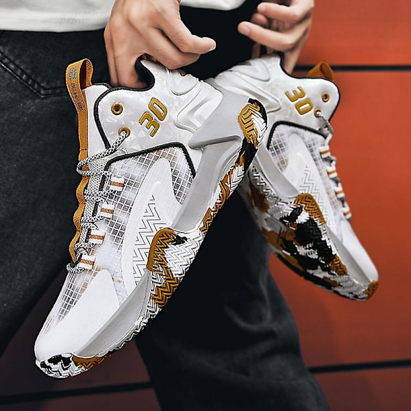 Basketskor för män Mode Halkfria Sneakers Andas Sportskor Yj853 WhiteGold 44