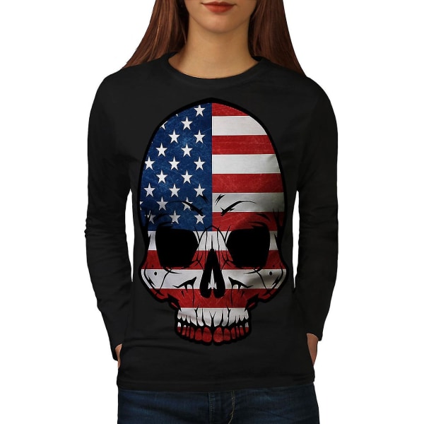 Skull Goth Flag Death Usa Women Blacklong Sleeve T-shirt M