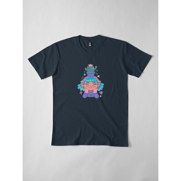 Söt och leende trädgårdsmästarflicka med kaktus och små växter kawaii Premium T-shirt Navy M_Front