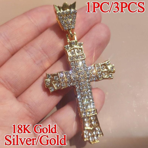 1 st/3 st män punk mode smycken 18K guld diamant hänge rostfritt stål kors strass religiös
