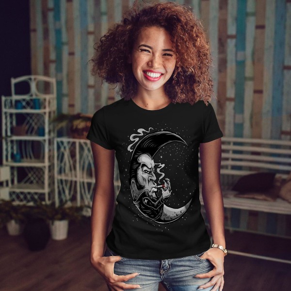Rökande Moon Cosmos Svart t-shirt för kvinnor L