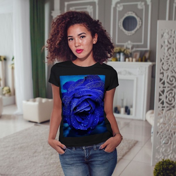 Blue Rose Vacker svart t-shirt för kvinnor XXL