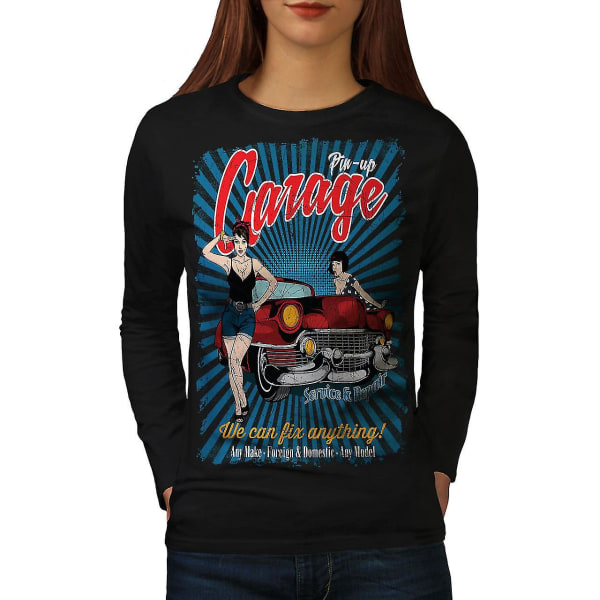 Pin Up Car Garage Kvinnor Blacklong Sleeve T-shirt M