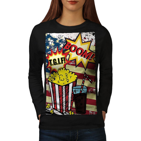 Popcorn och cola svart långärmad t-shirt för kvinnor S