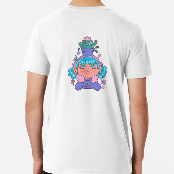 Söt och leende trädgårdsmästarflicka med kaktus och små växter kawaii Premium T-shirt White XL_Back