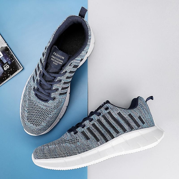 Sneakers för flugvävning för män Andas löparskor Mode sportskor 3A707 Blue 44