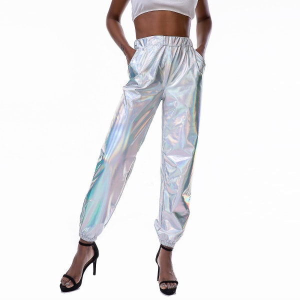 Damenmode Holographic Streetwear Club Cool Shiny Causal Pants Weiß