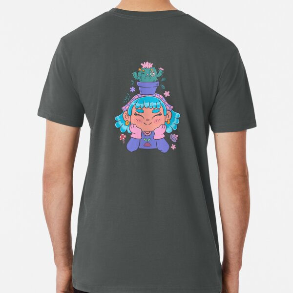 Söt och leende trädgårdsmästarflicka med kaktus och små växter kawaii Premium T-shirt Dark Grey XL_Back