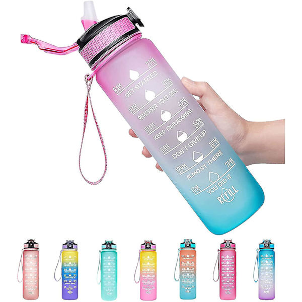 32oz läckagesäker Bpa-fri dricksvattenflaska med tidsmarkör och halm Ombre-Fuschia Green