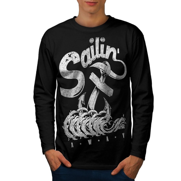 Sailing Navy Sea Men Blacklong Sleeve T-shirt | Wellcoda XL