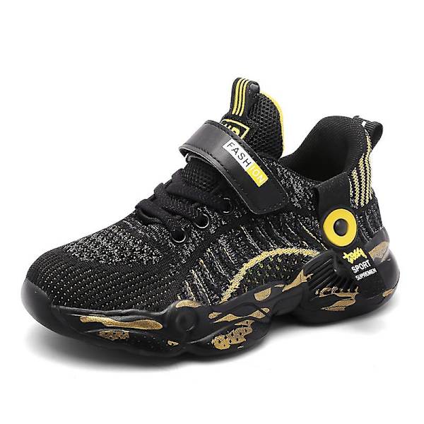Barn Sneakers Andas löparskor Mode Pojkar Flickor Sportskor 3A176 BlackGold 34