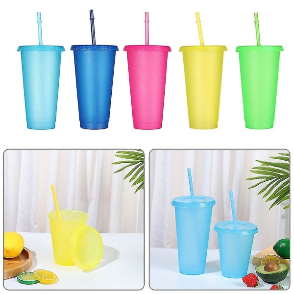 5 st Återanvändbar blixtpulver vattenkopp med sugrör lock 480/700 ml utomhus halmkopp vattenflaska Light Blue S