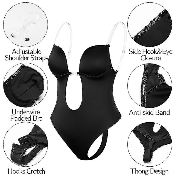 Kvinnor kastar djup V-ringad Body Shaper Strapless Backless Shapewear Black M