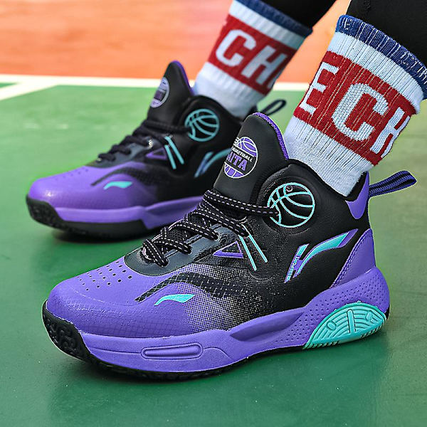 Basketskor för barn Mode Pojkar Flickor Sneakers Andas Sportskor 2210 BlackPurple 34