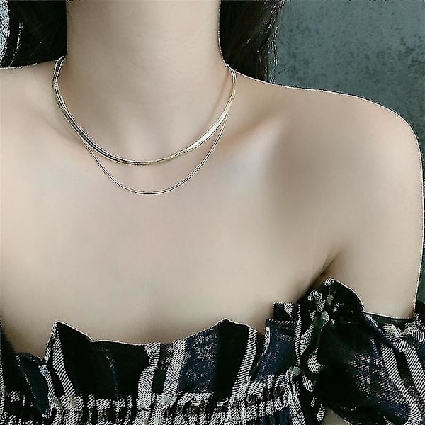 2 Snake Bone Korta Halsband, Frosty Gold Bred Flat Necklace Hals Charm, Dubbellager, Guld Och Silver