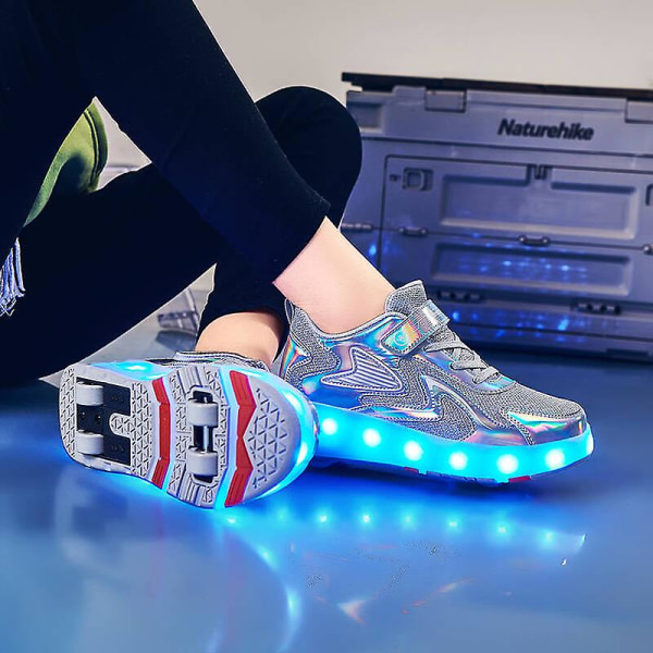 Barnsneakers Dubbelhjulsskor Led Light Shoes 118 Silver 30