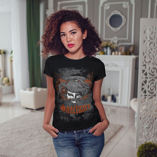 Orange Death Skull Women Blackt-shirt | Wellcoda M