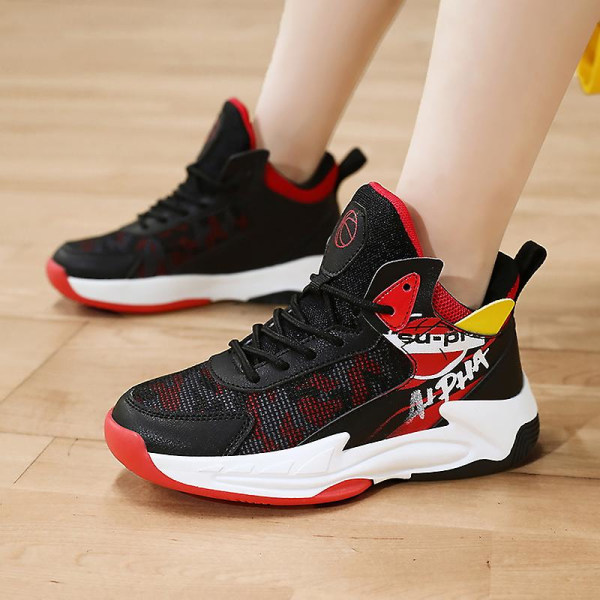 Barn Basketskor Mode Halkfria sneakers Andas Pojkar Flickor Sportskor 991 BlackRed 37