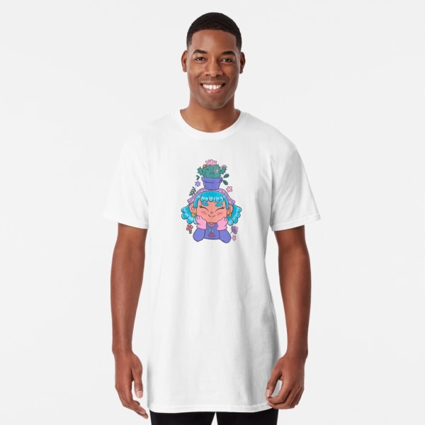 Söt och leende trädgårdsmästarflicka med kaktus och små växter kawaii lång t-shirt White L_Front