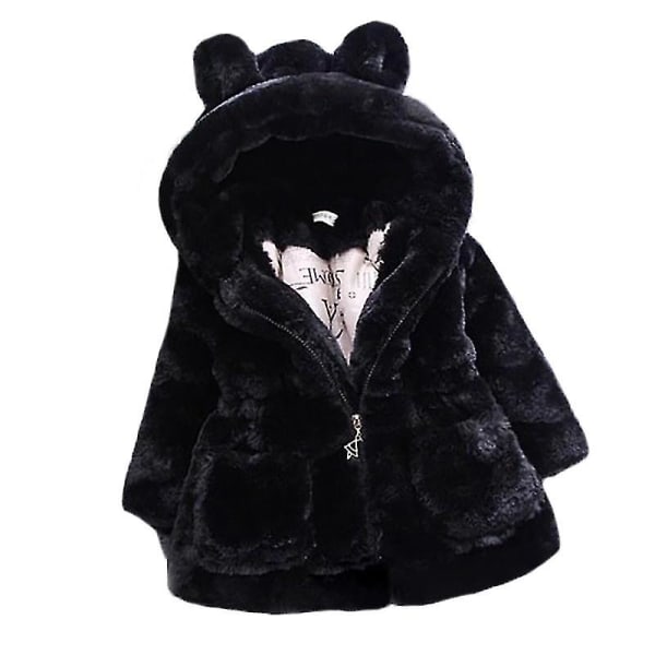 Barn Flickor Fluffig fuskpäls Hooded Parka Coat Fleece Tjock Jacka Vinter Ytterkläder Black 3-4 Years