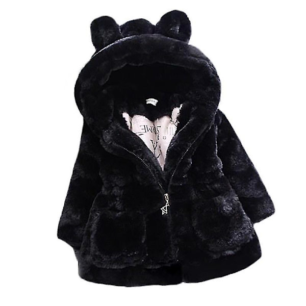Barn Flickor Fluffig fuskpäls Hooded Parka Coat Fleece Tjock Jacka Vinter Ytterkläder Black 4-5 Years