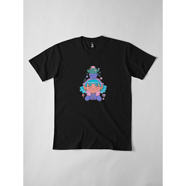 Söt och leende trädgårdsmästarflicka med kaktus och små växter kawaii Premium T-shirt Black XL_Front