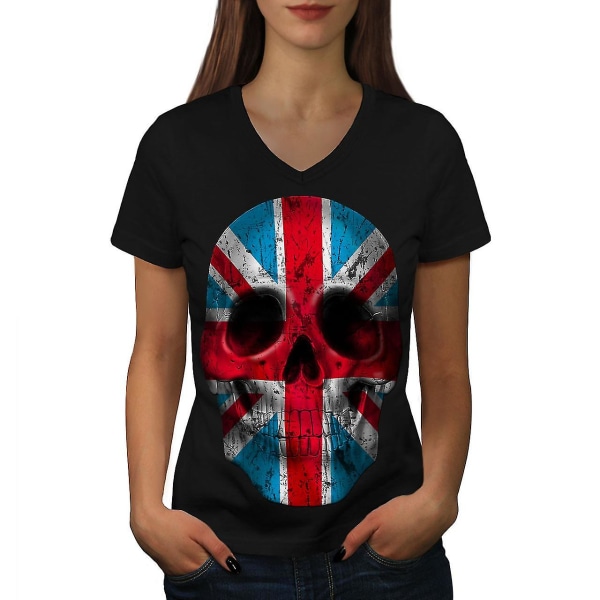 Skull Death Flag Cool Uk Women Blackv-neck T-shirt XL