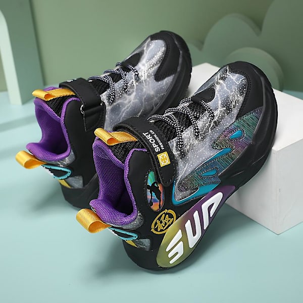 Barn Sneakers Pojkar Basketskor Halkfria Barn Sportskor 3B726 BlackPurple 34