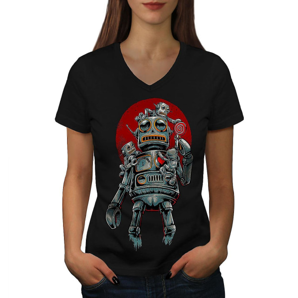 Crazy Robot Women T-shirt med svart v-ringad hals M